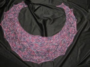 multicolored crescent shawlette with a tulip lace border